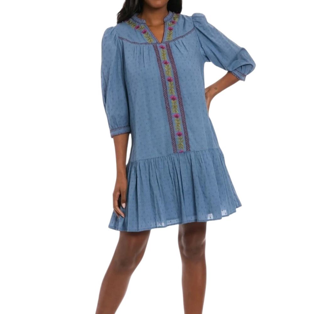 Maggy London Chambray Mini Dress Blue Split V Neck Floral Swiss Dot Cotton Large